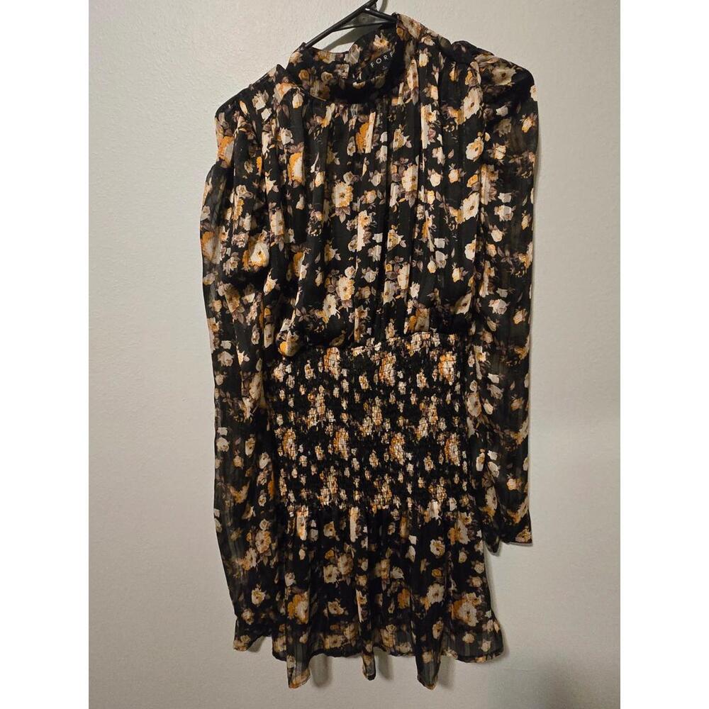 Fore Mock Neck Black Sheer Folral Sparkle Long Sleeve Mini Dress (L)